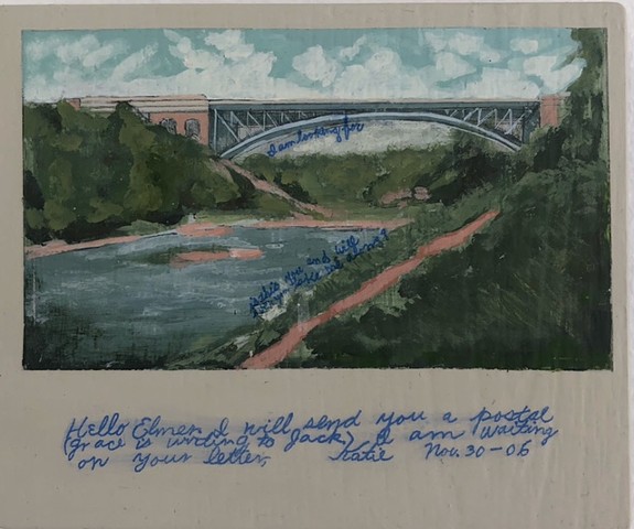 Renderings of collected postcards from Pittsburgh past, with original hand-written messages. Paintings on wood boards. Shown in %The Pittsburgh Left%, curated by Tom Sarver at Space Gallery in Pittsburgh, PA. Art by Multimedia artist, illustrator, sign pa