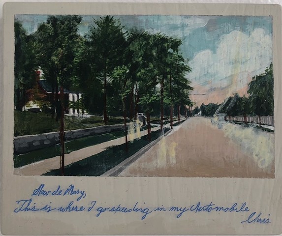 Renderings of collected postcards from Pittsburgh past, with original hand-written messages. Paintings on wood boards. Shown in %The Pittsburgh Left%, curated by Tom Sarver at Space Gallery in Pittsburgh, PA. Art by Multimedia artist, illustrator, sign pa