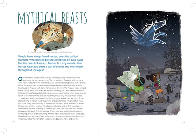 Mythical Beasts, Horse Illustrations for Faces Magazine, Cricket Media, October 2017 (page 1)