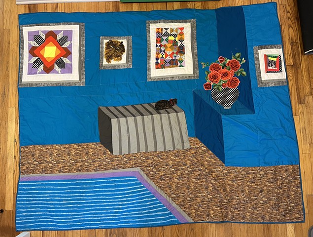 Blue Room with Framed Quilts, Flowers, Tiny Cat Quilt
