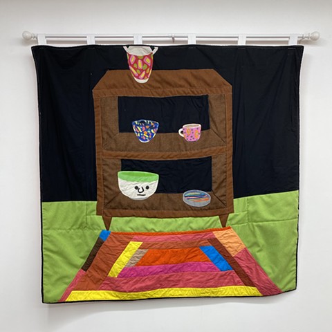 Bookshelf with Pottery Quilt