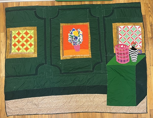 Green Room with Cathedral Windows Quilt