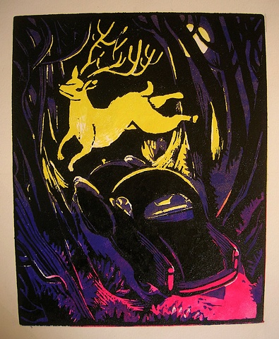 group show, reduction cut print, limited edition, 4-color,deer,woods,danger,