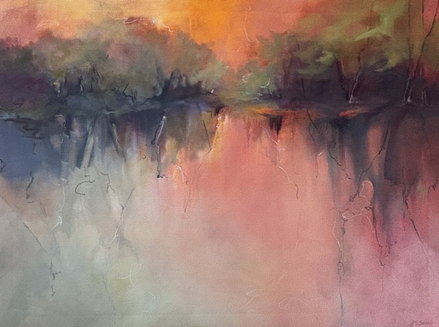 Abstract Landscape oil painting depicting trees and their reflections in a pond by Judy McSween