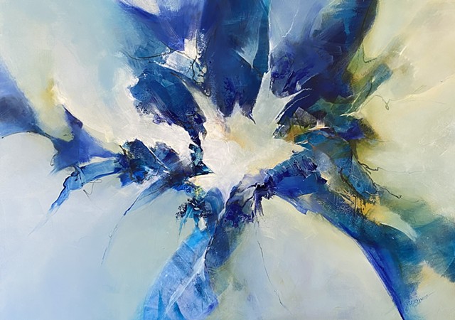 Abstract blue gold white burst oil painting by Judy McSween