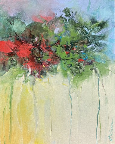 Abstract floral painting in red and green on soft yellow ground by Judy McSween