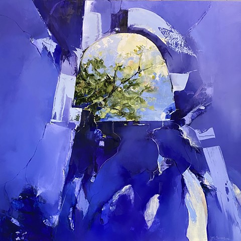Oil painting of arched window view set in deep blue violet walls by Judy McSween "Transported" show at Dare Gallery, March 2023