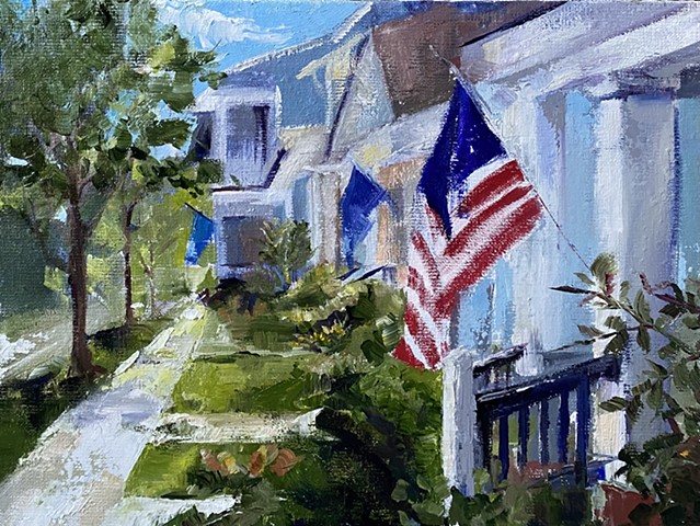Plein air oil painting of a neighborhood street in Charleston, SC by Judy McSween