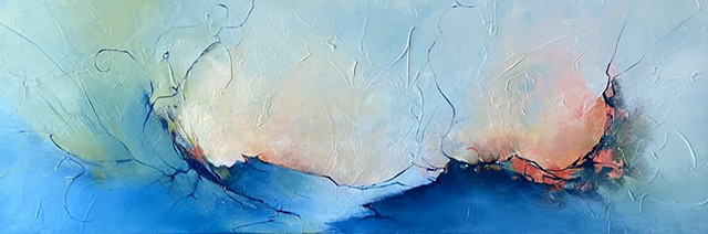 Abstract oil painting with textural surface, suggestive of horizon over waves in blue and coral by Judy McSween