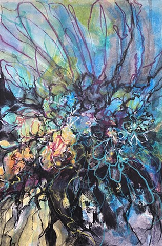 Acrylic and watercolor abstract painting with linear radial moment by Judy McSween