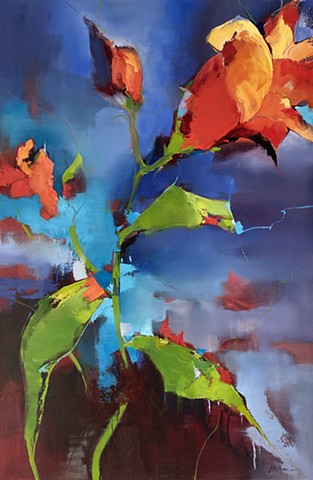 painting of abstract orange flower on blue background by Judy Mcsween