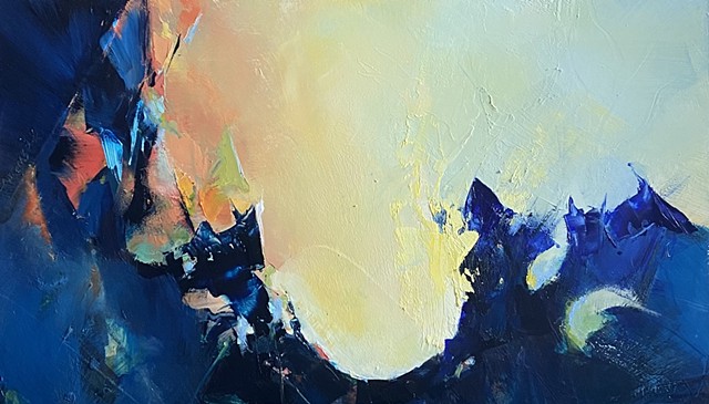 Abstract oil painting of yellow light filled void surrounded by deep blue textured edging by Judy McSween