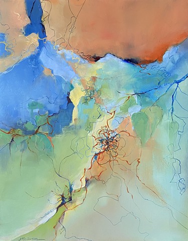 Vibrant Abstract painting in green, orange and blue with detailed line work by Judy McSween