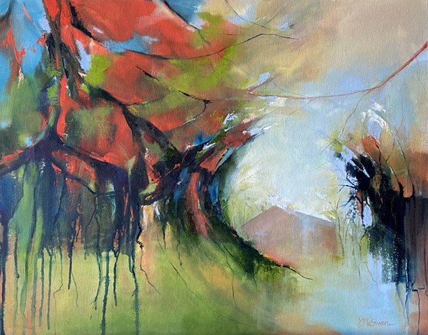 Abstract oil painting of a circular light filled opening in a forest like setting by Judy McSween