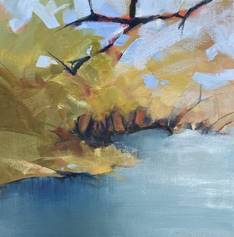 autumn river bank oil landscape painting by Judy McSween