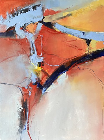 Vibrant abstract oil painting showcasing subtle brushwork blending and spontaneous palette knife marks in coral and soft blue by JUDY MCSWEEN