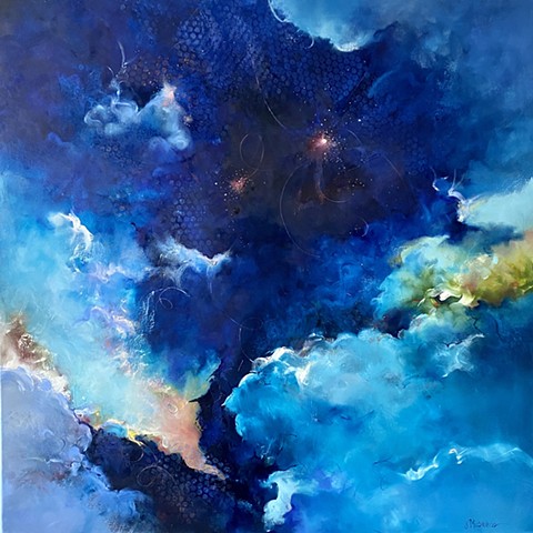 Oil painting of brilliant night sky, stars and light reflecting clouds by Judy McSween