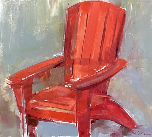 Plein Air Painting of red adirondak chair on a January day by Judy Mcsween