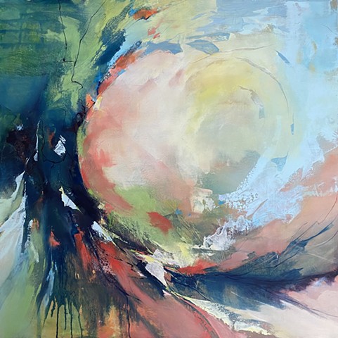 Abstract painting of spirals in coral, green and aqua by Judy McSween