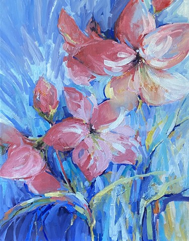 Textural oil painting of vibrant amaryllis blooms by Judy McSween