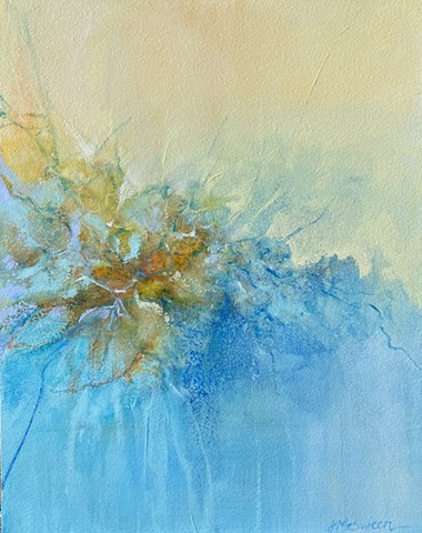 Mixed Media Abstract Painting in Blue, Yellow and orange by Judy McSween