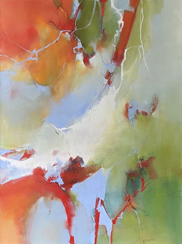 Abstract oil painting with drawn pencil lines in green, blue and red orange by Judy McSween