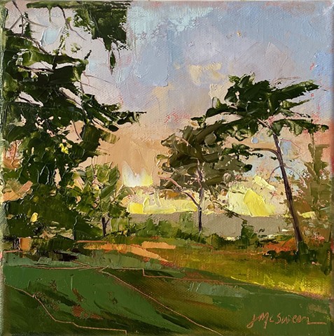 painting of sunset along green tree lined hills by Judy Mcsween