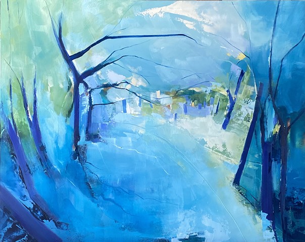 Abstract blue landscape oil painting by Judy McSween