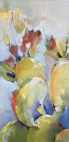 Painting of rose colored blossoms emerging from green cacti by Judy McSween