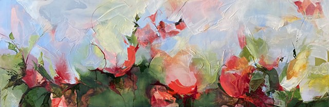 Floral abstract oil painting in coral, magenta and green with impasto application by Judy McSween