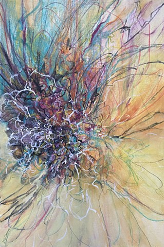 Acrylic and watercolor abstract painting in multicolors suggestive of blooms or starburst by Judy McSween