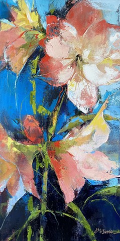Abstract floral oil painting of pink and white amaryllis blooms by Judy McSween