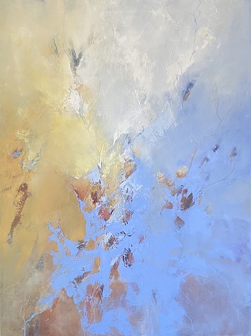 Abstract oil painting in soft blue and yellow with light opening through the gradient colors by Judy McSween