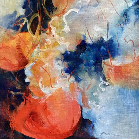 Blue and red orange octopus oil painting by Judy McSween