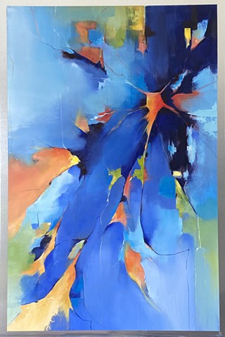 abstract painting on aluminum in blue, orange and yellow by Judy McSween