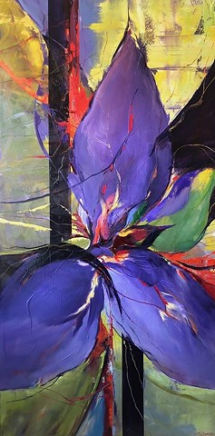 Large vertical Abstract violet and green Iris with deep violet stripe and yellow ground