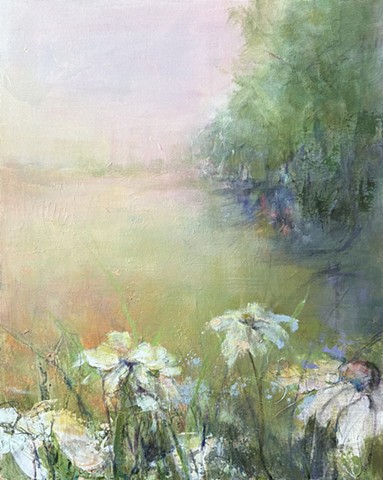Landscape painting of misty sky over a meadow at the edge of a  woodland by Judy McSween