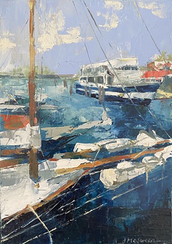 Waterfront scene of sailboats and cruise ship docked with palette knife marks and directional lines by JUDY MCSWEEN