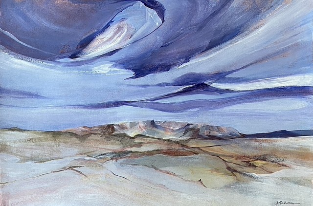 landscape painting of swirling sky and desert by Judy McSween
