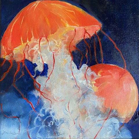 Blue and red orange octopus oil painting by Judy McSween