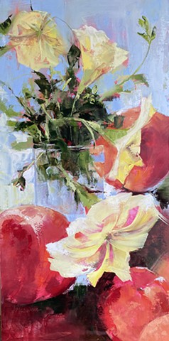 oil painting of ripe peaches and yellow petunias by Judy McSween
