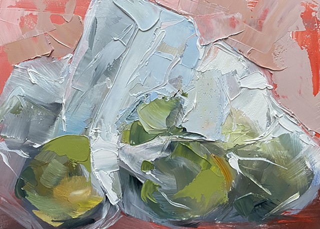 painting of three limes in a plastic bag by Judy McSween