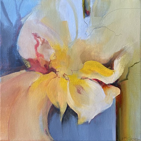 Orange and blue abstract floral oil painting by Judy McSween