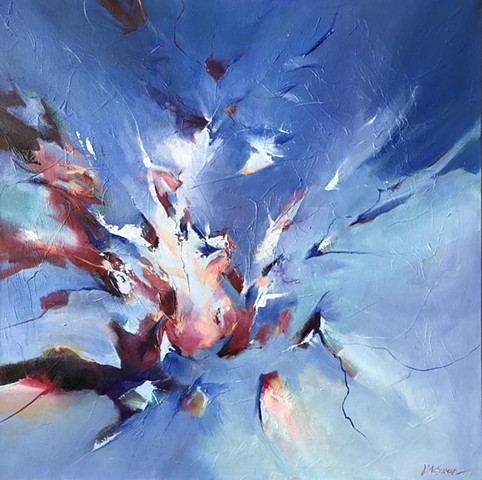 Abstract oil with tissue texture and palette knife marks starburst effect in blue white and red