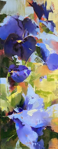 Abstract floral oil painting inspired by violet pansies by Judy McSween