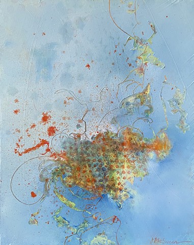 Abstract painting in blue and orange with printed texture and intentional splatter marks by Judy McSween