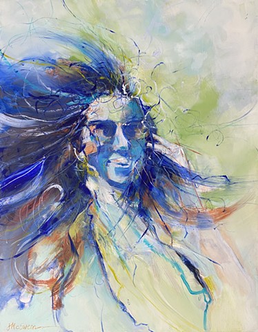 Blue oil painting of a figure with wind blown hair by Judy McSween