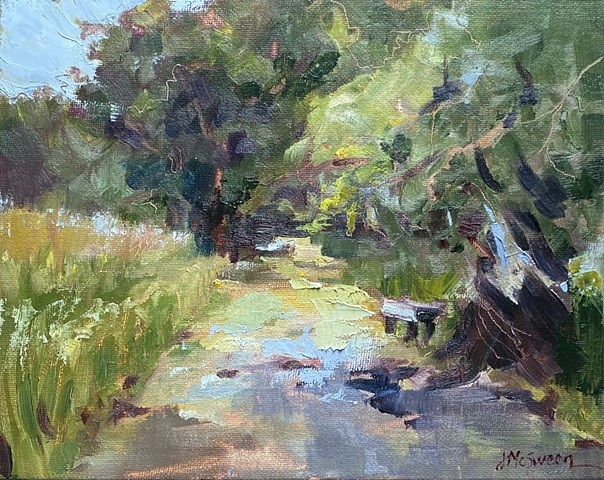 Plein air oil painting of marsh and tree lined trail at Caw caw Interpretive Center in Charleston, SC by Judy McSween