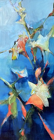 Vertical oil floral painting in shades of blue and red with strong diagonal movement by Judy McSween