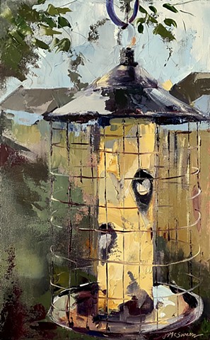 painting of hanging yellow bird feeder by Judy Mcsween